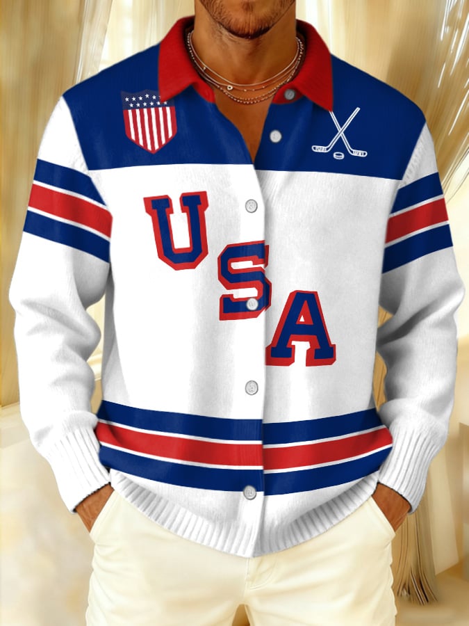 Retro Men's Usa Ice Hockey Print Knitted Tops
