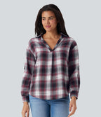 V Neck Curved Hem Plaid Casual Blouse