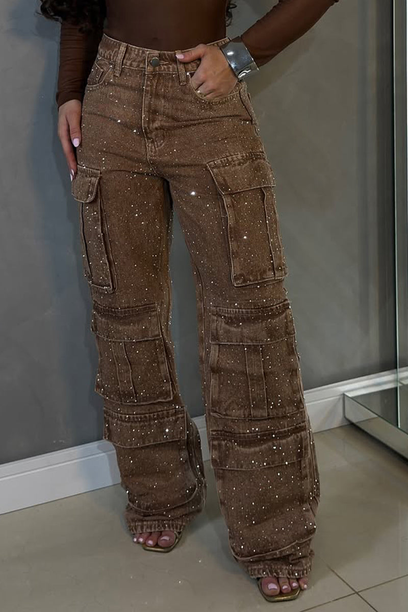 Womens Hot Diamond Splicing Multi-pocket Casual Pants