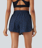 High Waisted Drawstring Curved Hem Leopard Print 2-in-1 Workout Shorts with Pockets