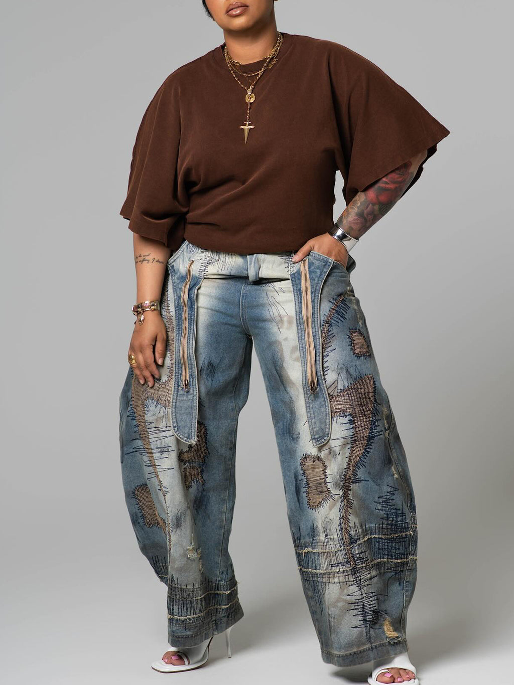 Fashion Irregular Embroidery Bleach Wash Jeans