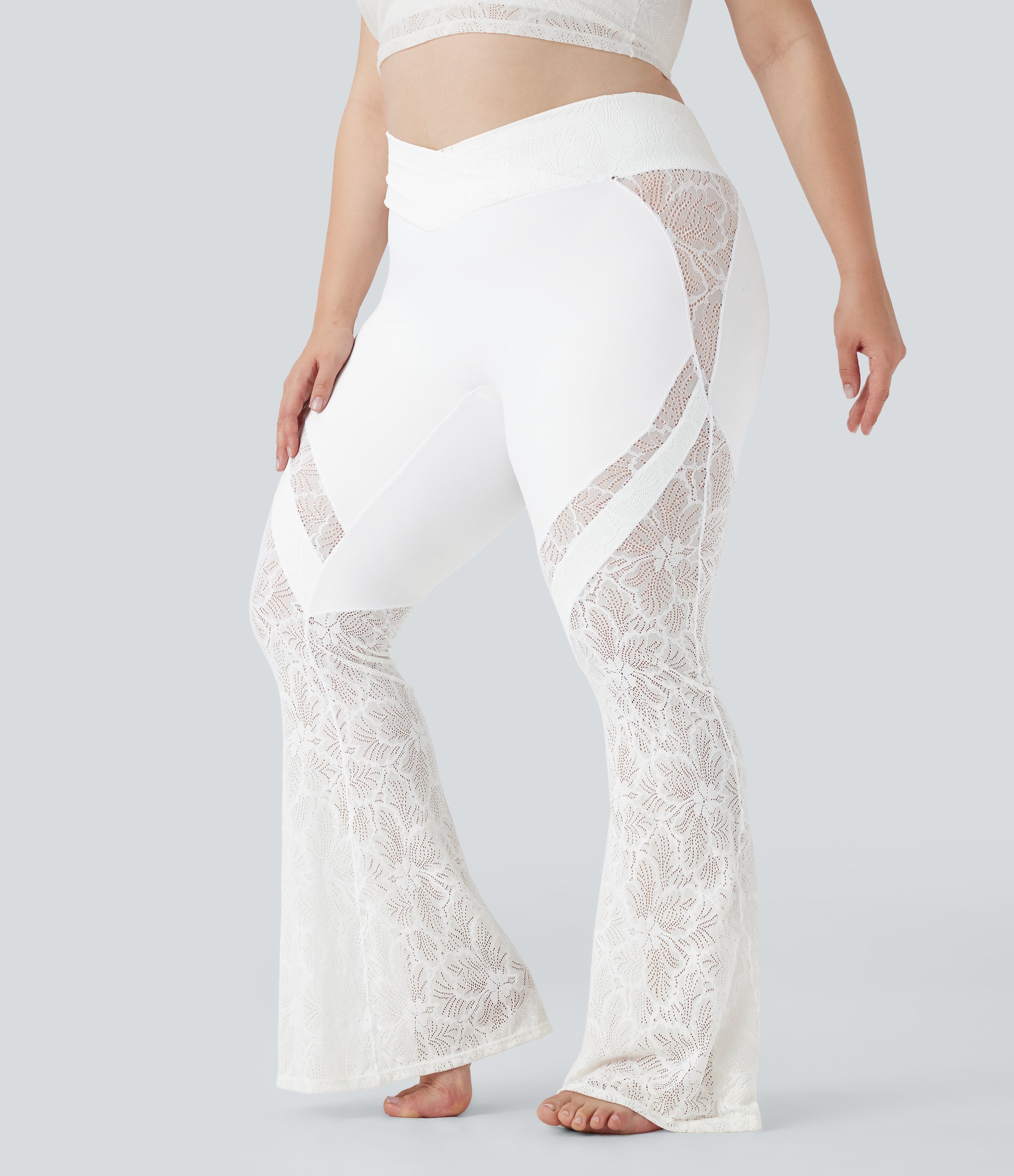 SoftlyZeroTM Crossover High Waisted Contrast Lace Yoga Plus Size Flare Leggings with Pocket