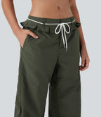 Low Rise Drawstring Ruffle Trim Dance Barrel Leg Pants with Pockets