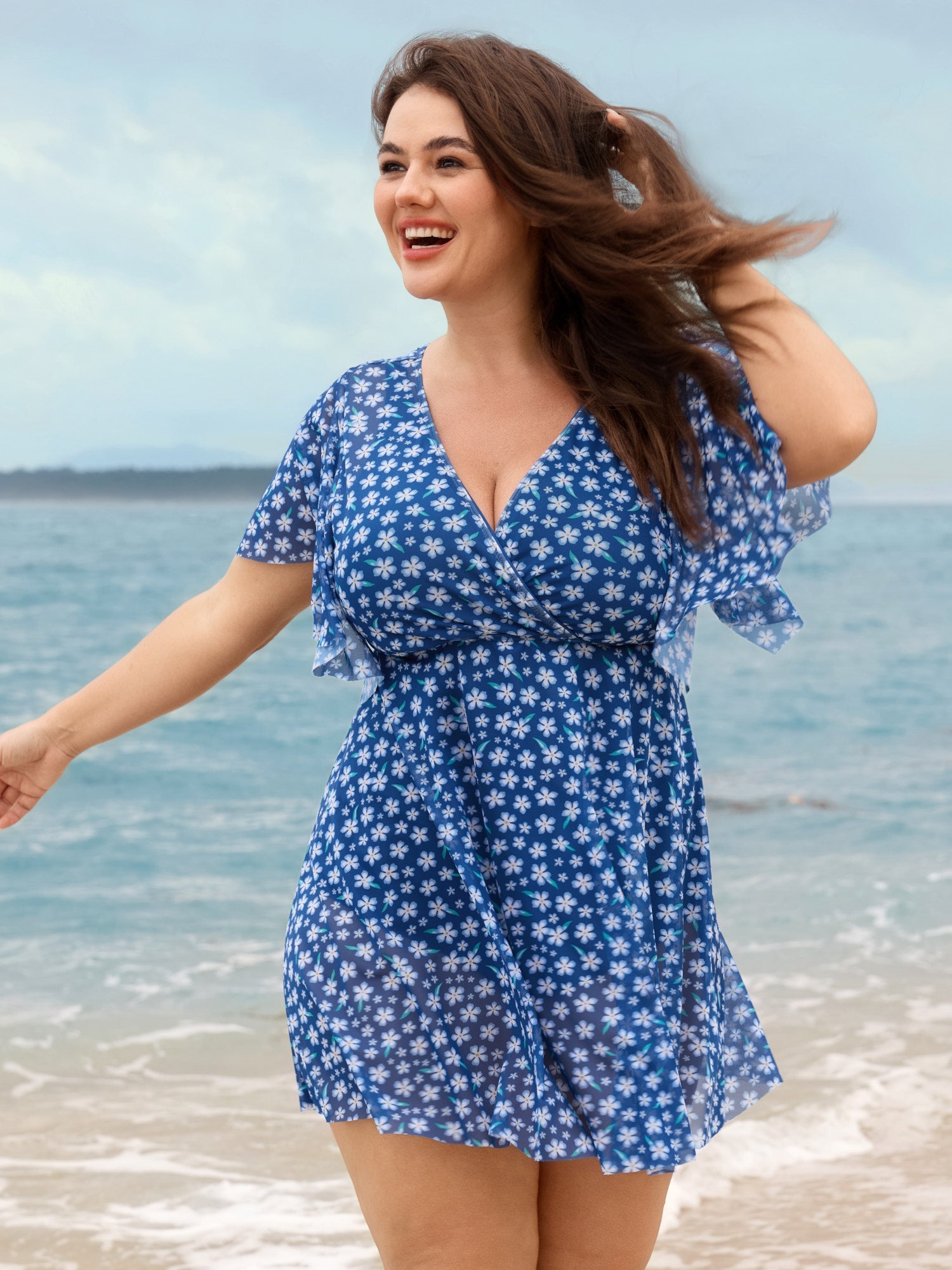 Colorful Sheer Floral Print Swim Dress