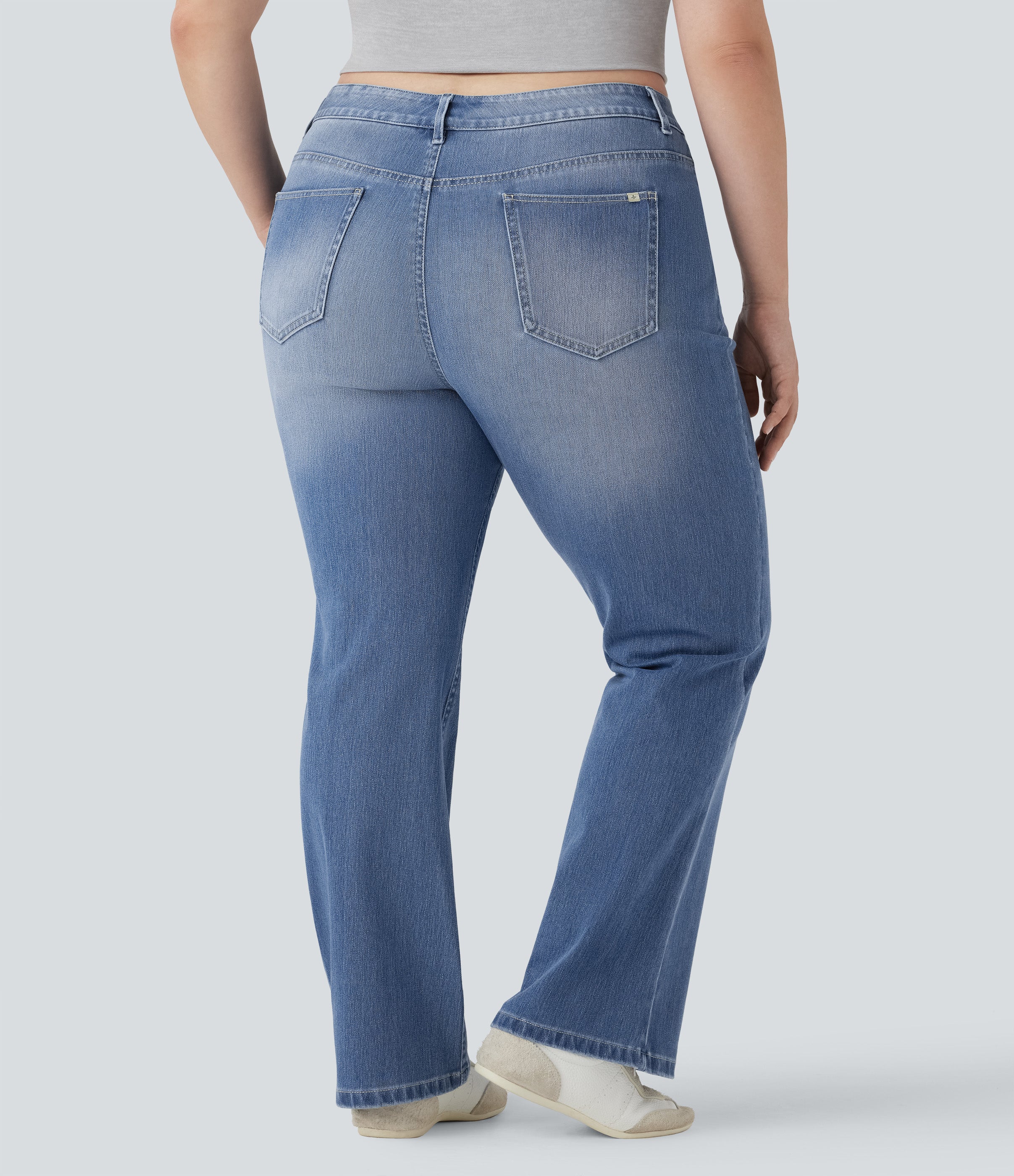 Plus Size FlexTM High Waisted Washed Casual Bootcut Jeans with Pockets