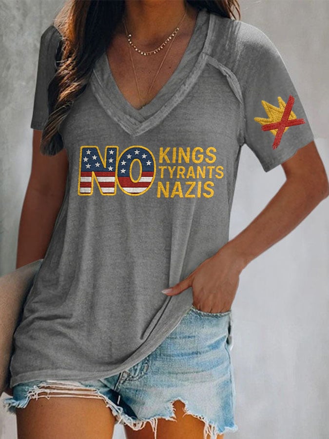 🔥Buy 3 Get 15% Off🔥V-Neck Retro No Kings No Tyrants No Nazis Print T-Shirt