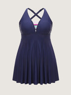 Striped Neckline Pockets Flowy Swim Dress