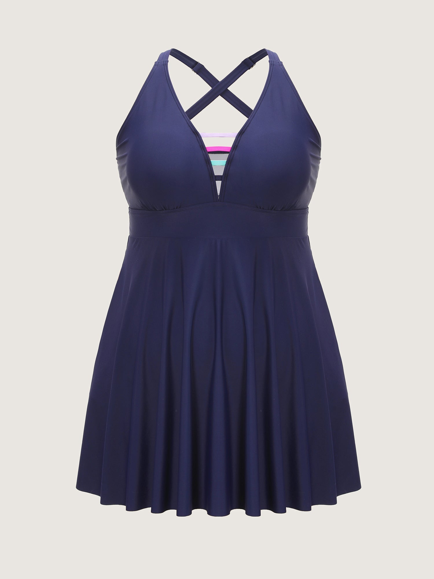 Striped Neckline Pockets Flowy Swim Dress