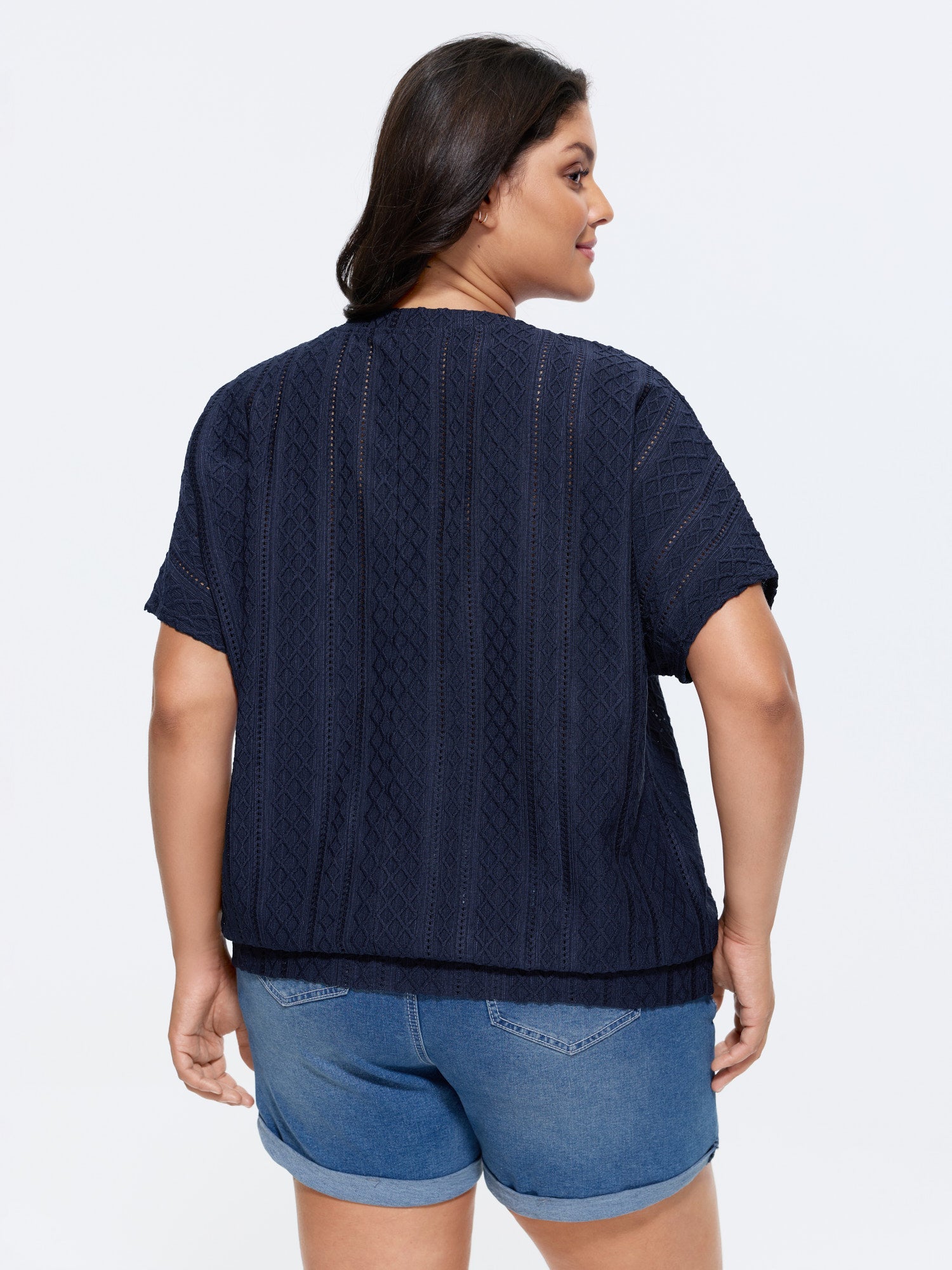 Eyelet Trim Stretchy Textured Plain Top