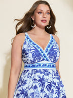 Floral Surplice Neckline Pockets Swim Dress