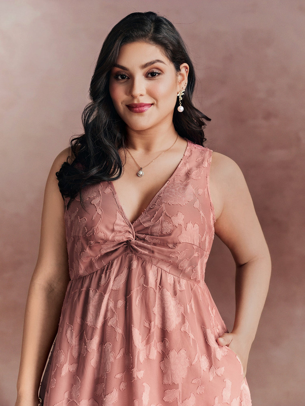 Floral Charm Twist-Front Jacquard Maxi Dress