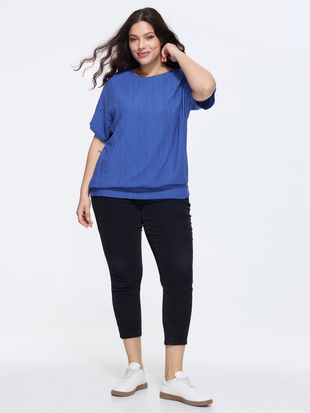 Eyelet Trim Stretchy Textured Plain Top