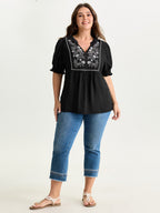 Supersoft Floral Embroidered Notched Collar Blouse