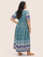 Boho Print Notched Ties Tassel Trim Dress