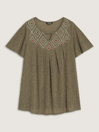 Boho Embroidered Keyhole Neckline Blouse