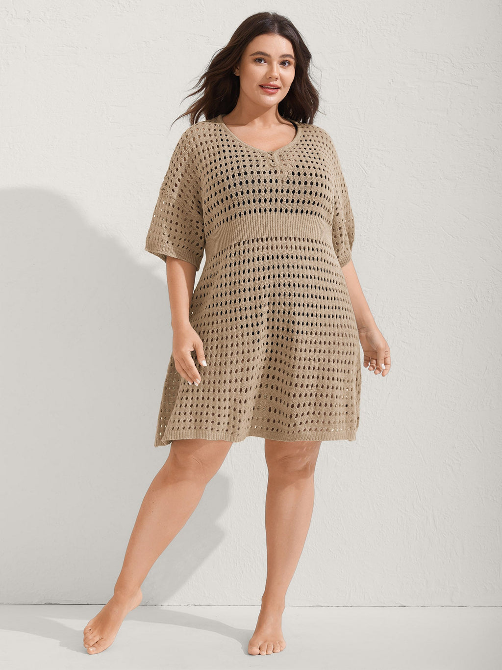 Cut-Out Waist-Cinched Button Swim Cover-Up