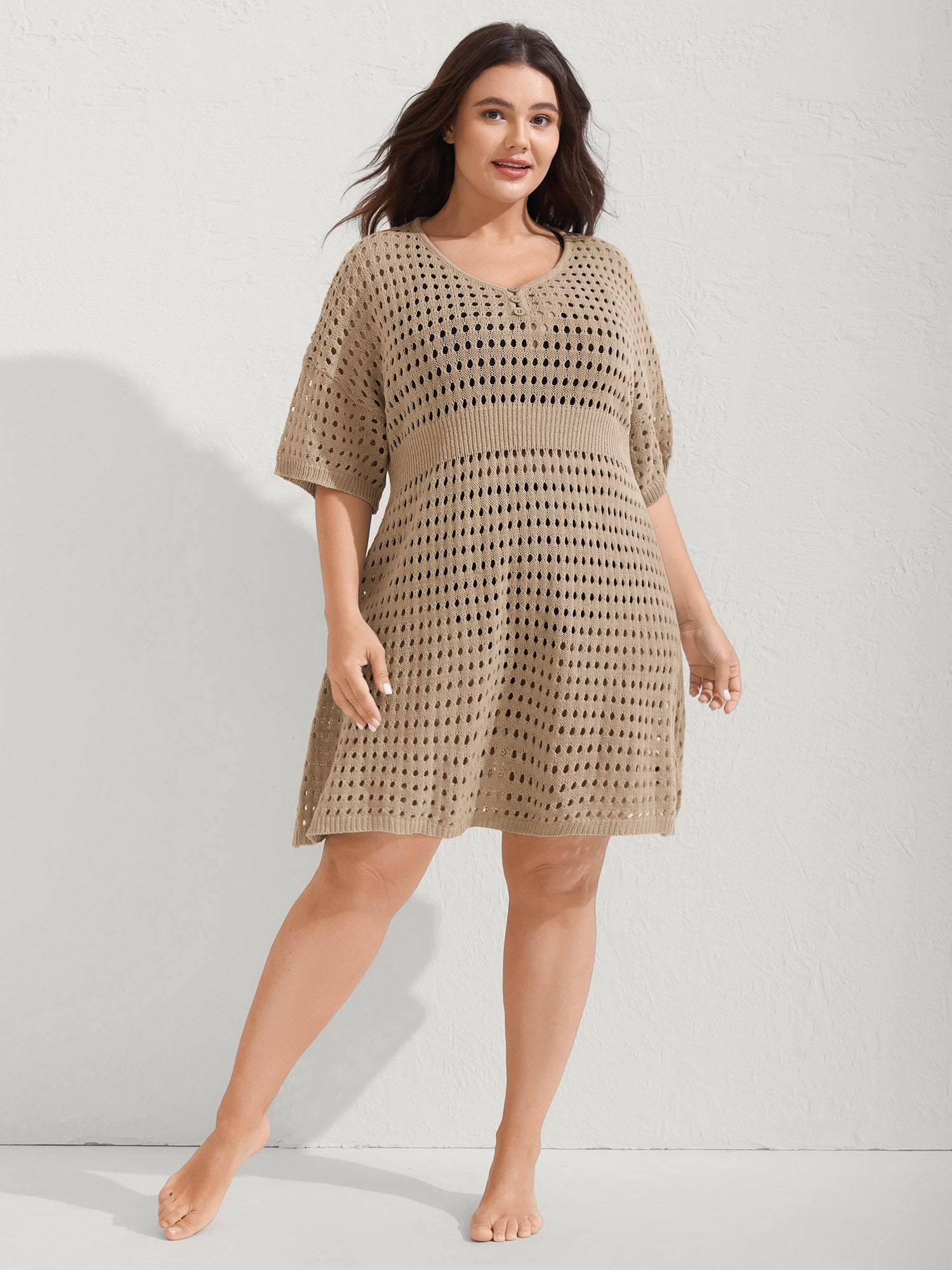 Cut-Out Waist-Cinched Button Swim Cover-Up