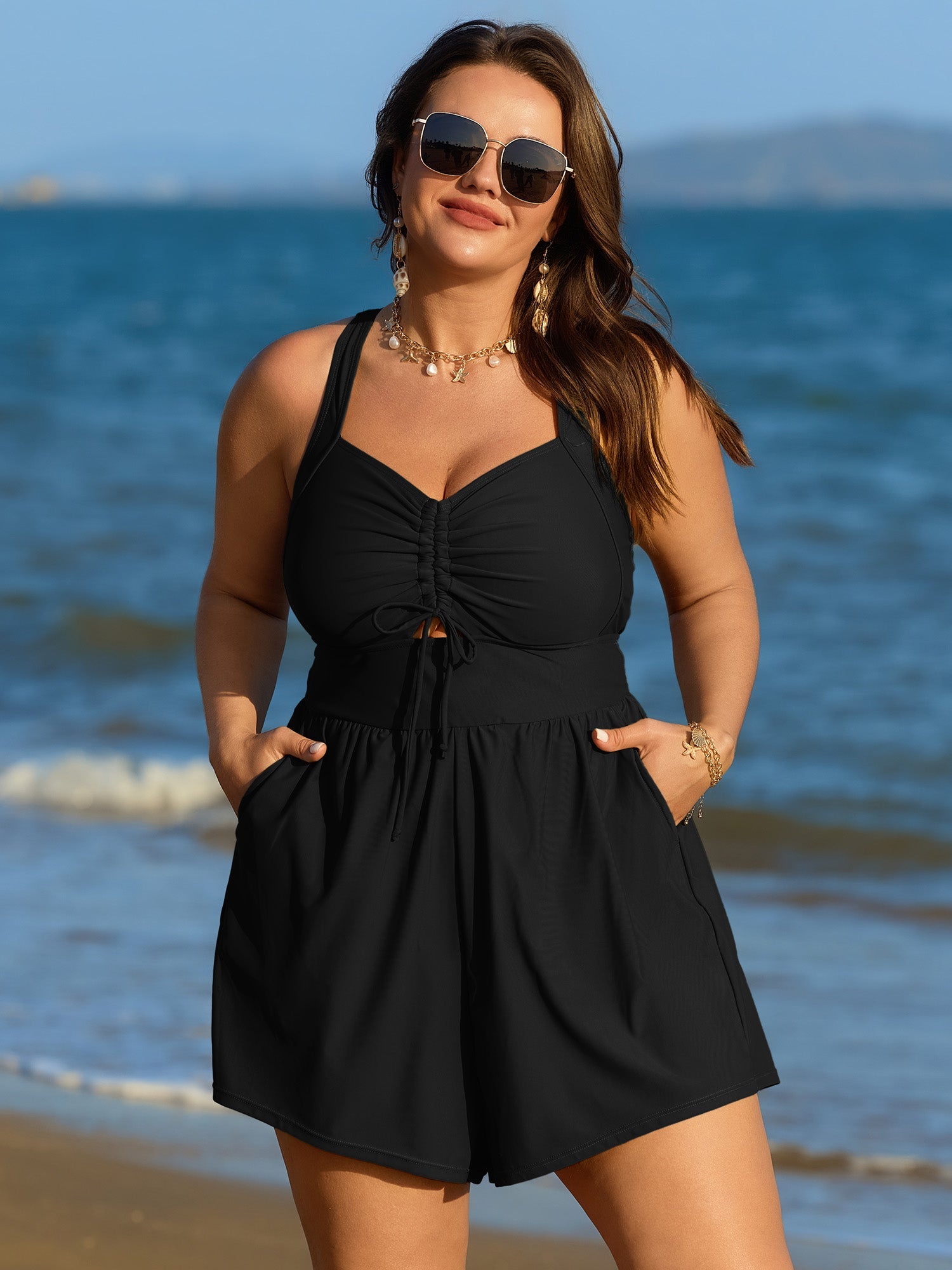 Cut-Out Drawstring Pockets Swim Romper
