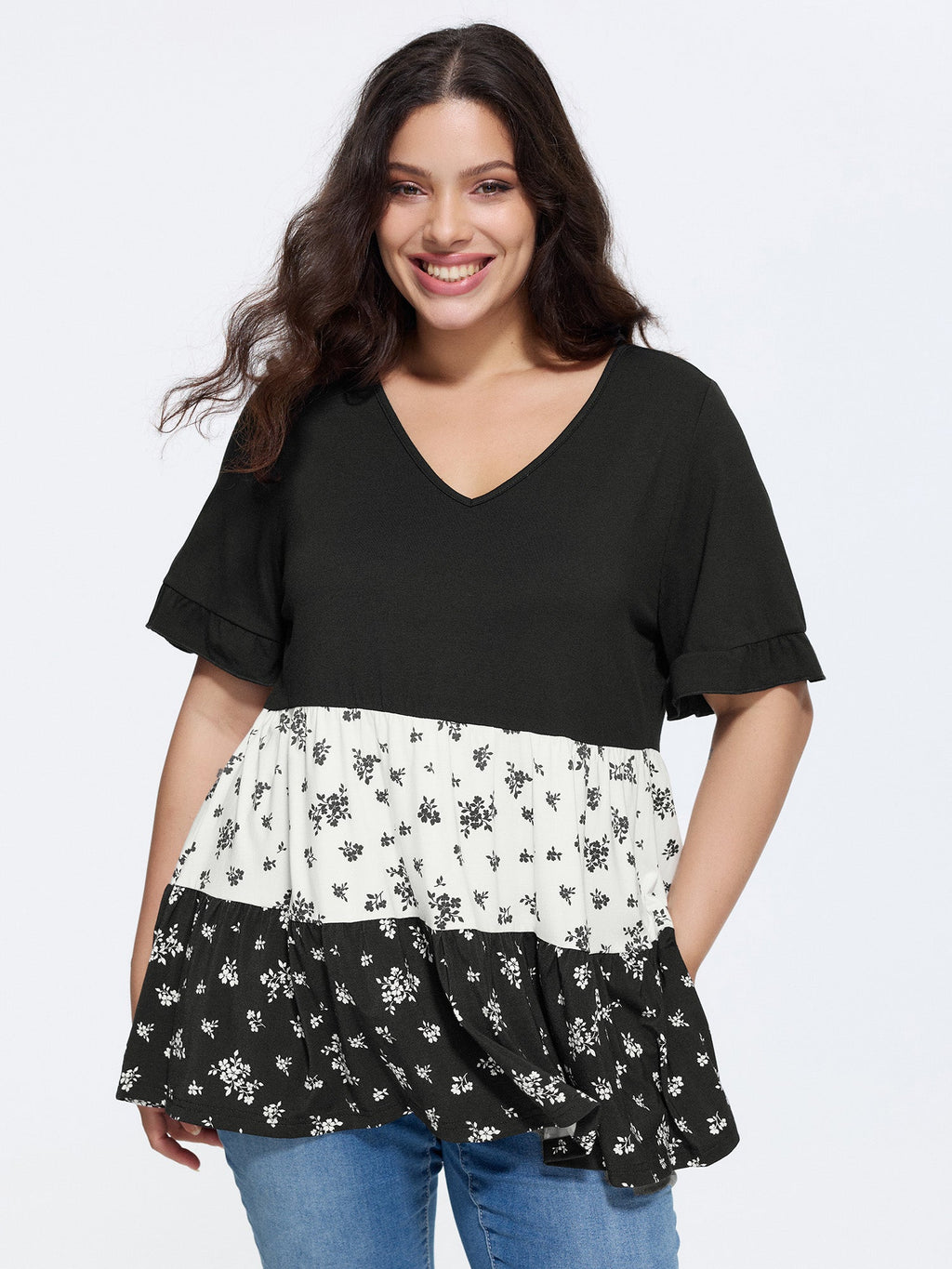Color Contrast Floral Print Tiered Top