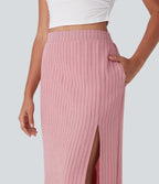 High Waisted Stripe Maxi Linen-Feel Skirt with Pockets