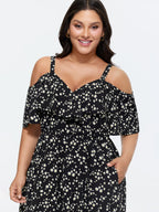 Ditsy Floral Pocket Wrap Cold Shoulder Ruffle Dress