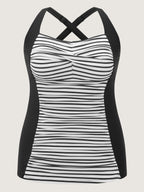 Striped Twist Front Tummy-Control Swim Top