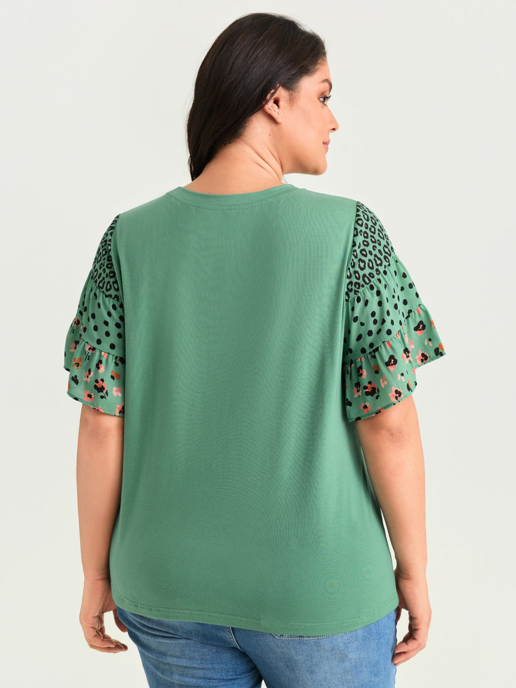 Supersoft Round Neck Color Block Floral Sleeve T-Shirt