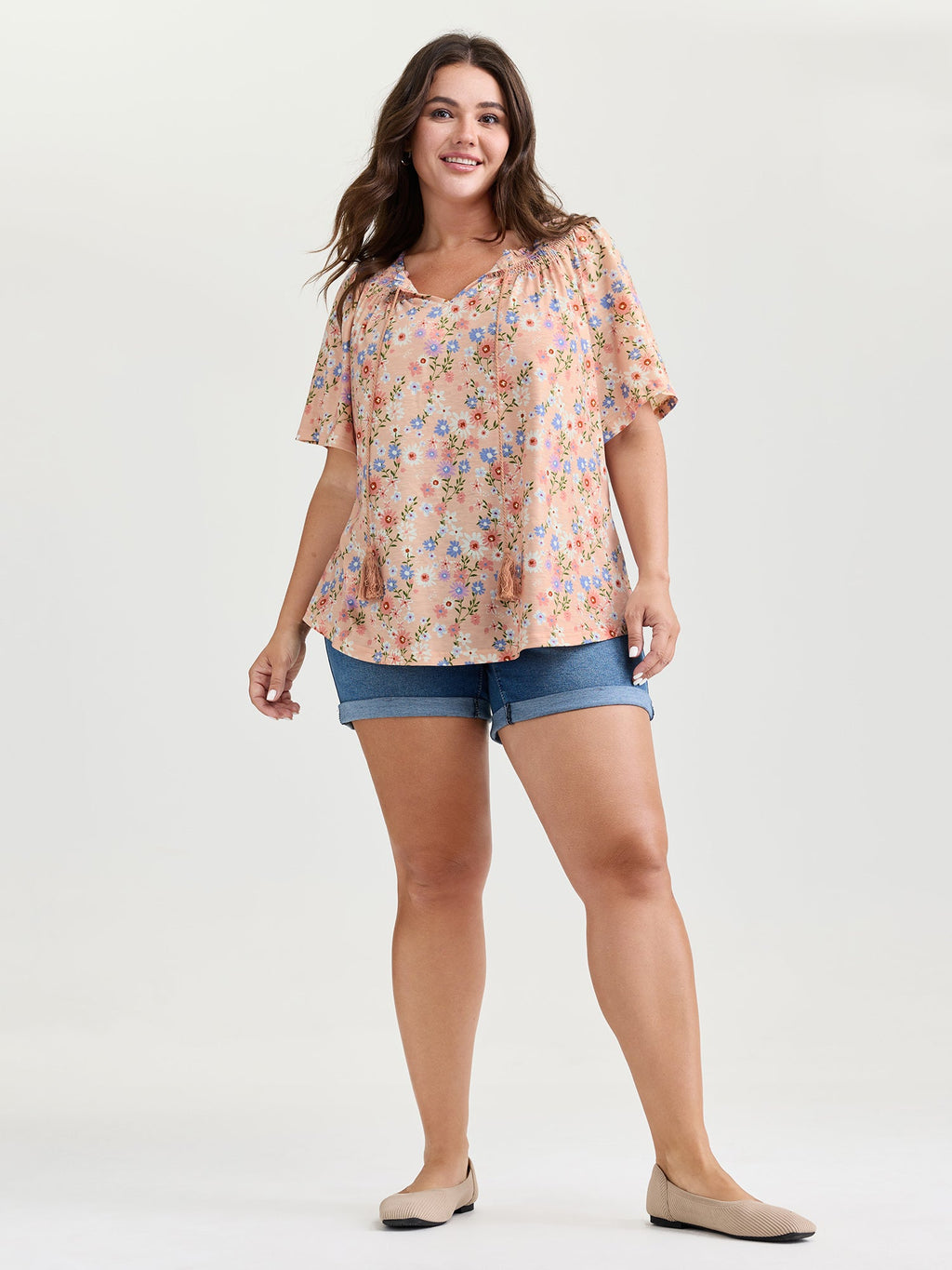 Sweet Floral Print Shirred Drawstring Neckline Top