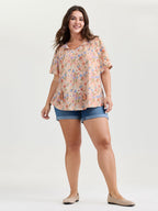 Sweet Floral Print Shirred Drawstring Neckline Top