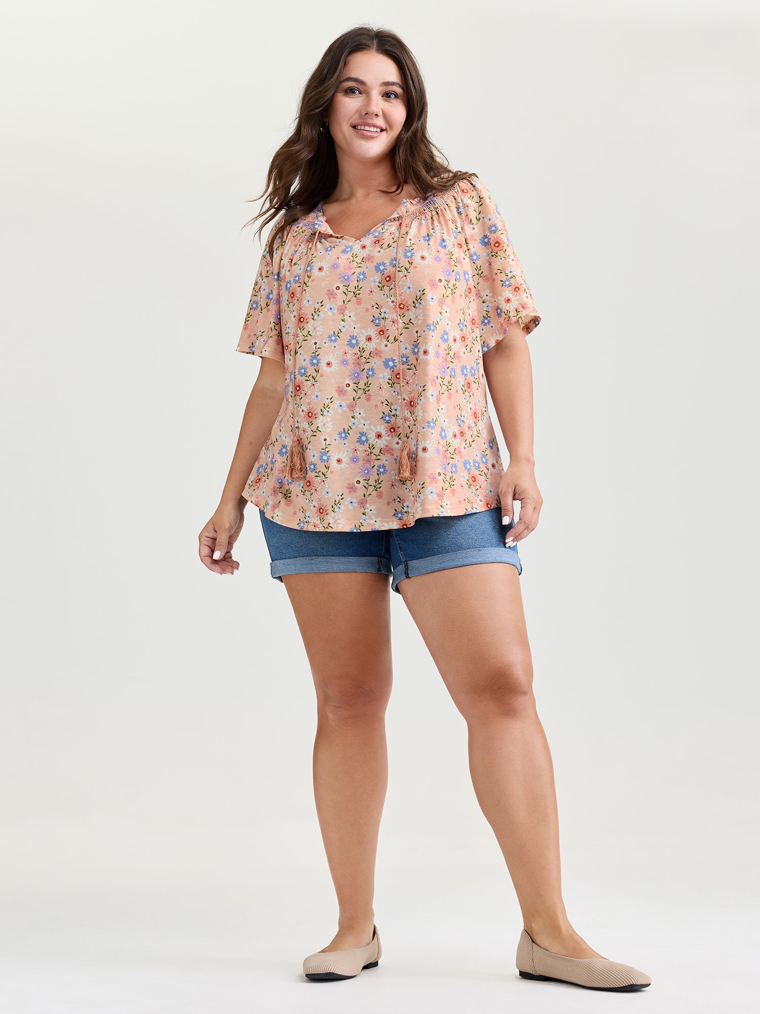 Sweet Floral Print Shirred Drawstring Neckline Top