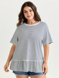 Striped Print Ruffled Hem Long T-Shirt
