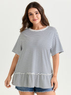 Striped Print Ruffled Hem Long T-Shirt