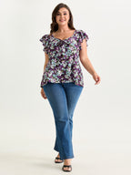 Floral Print Drawstring Neckline Blouse