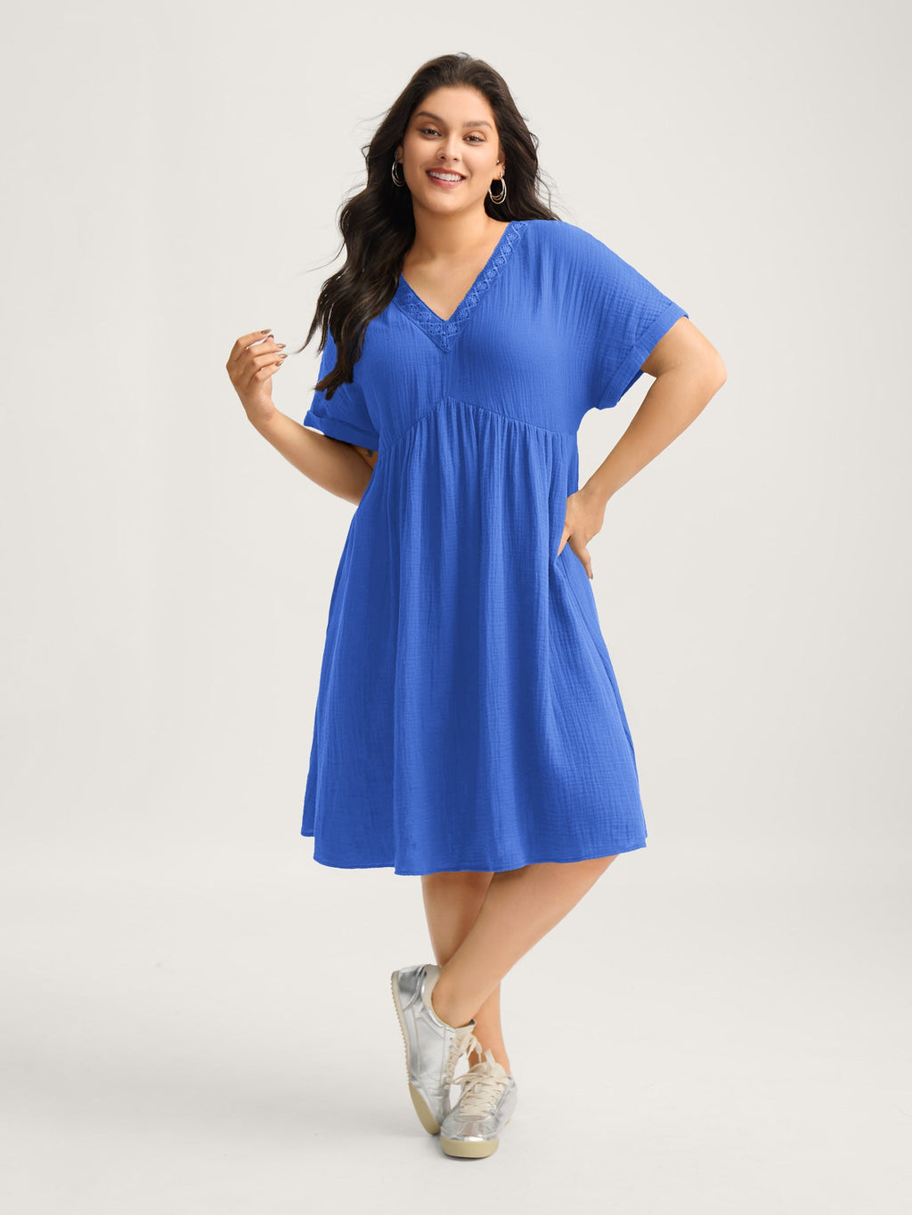 Pure Cotton Lace V-Neck Solid Mini Dress