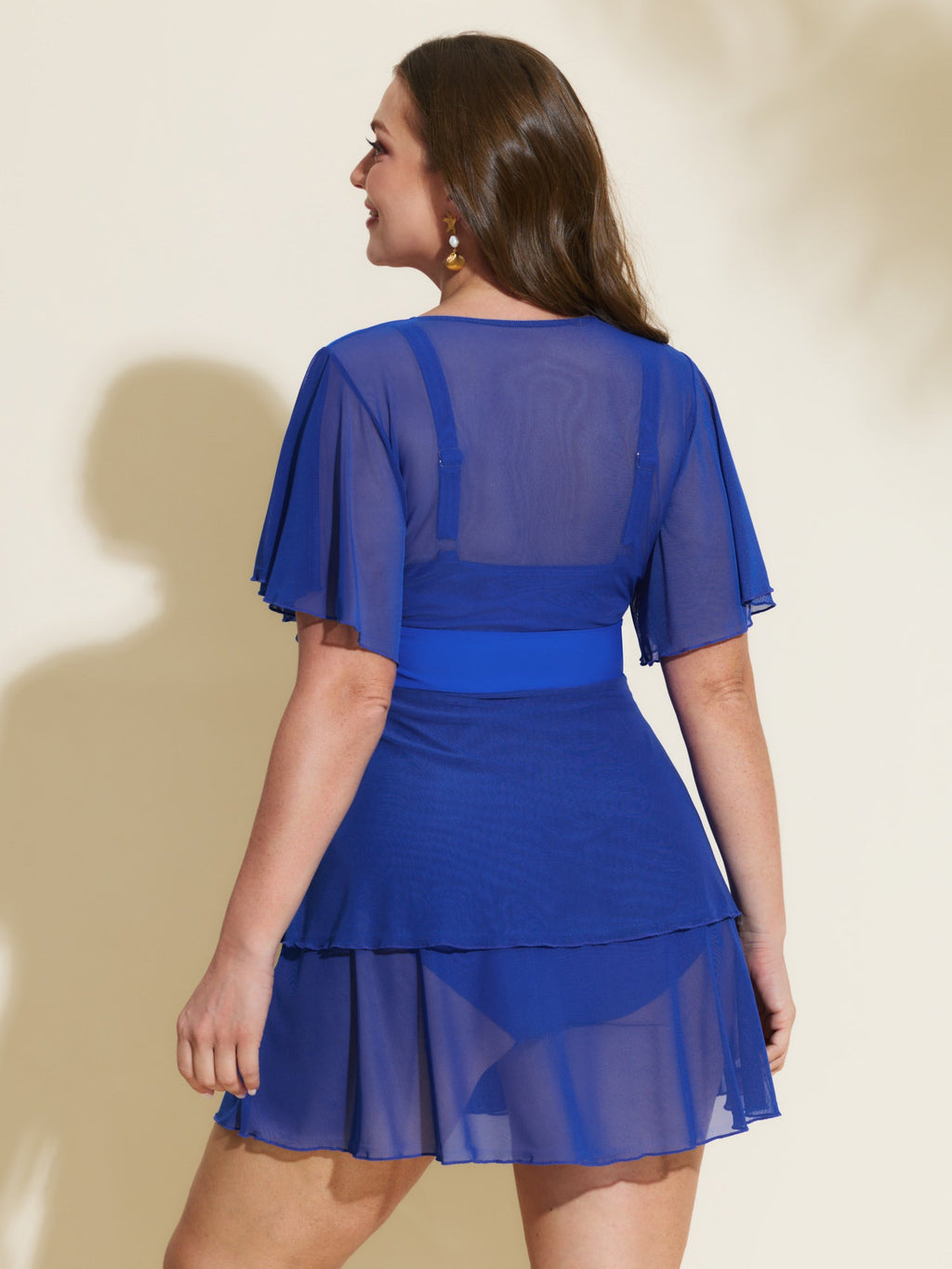 Sheer Ruffled Sleeve Layered Swim Dress