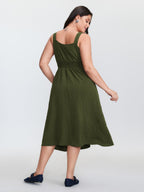 Wide Straps Belted Buckle Detail Midi Dress