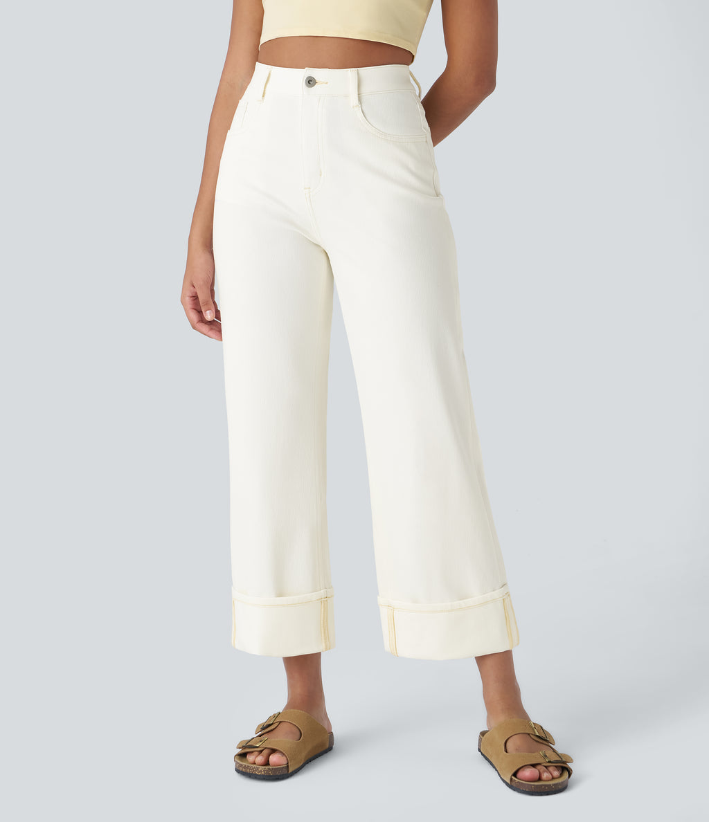 FlexTM High Waisted Multiple Pockets Rolled Hem Wide Leg Washed Stretchy Knit Casual Jeans