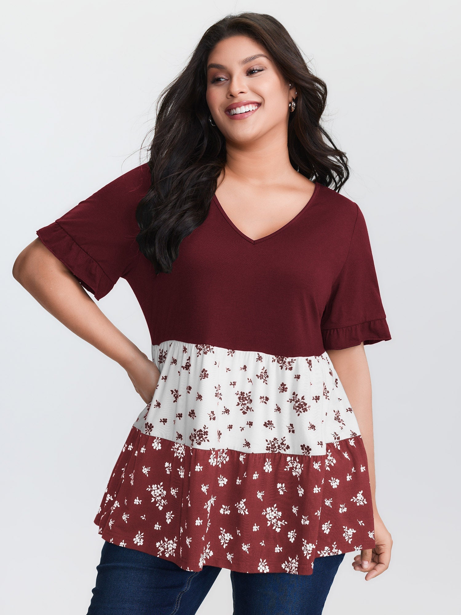 Color Contrast Floral Print Tiered Top