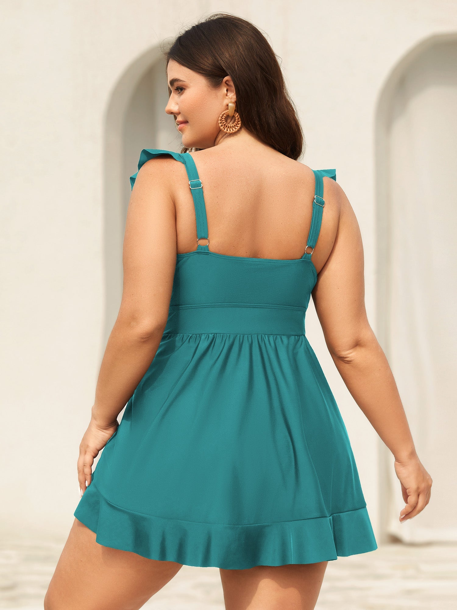 Ruffled Hem Flutter Sleeve Drawstring Swim Dress