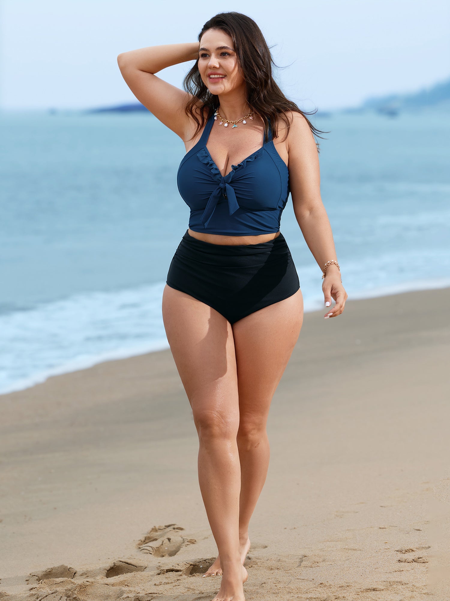 Bust Knot-Tie Ruffle Trim Supportive Bikini Top