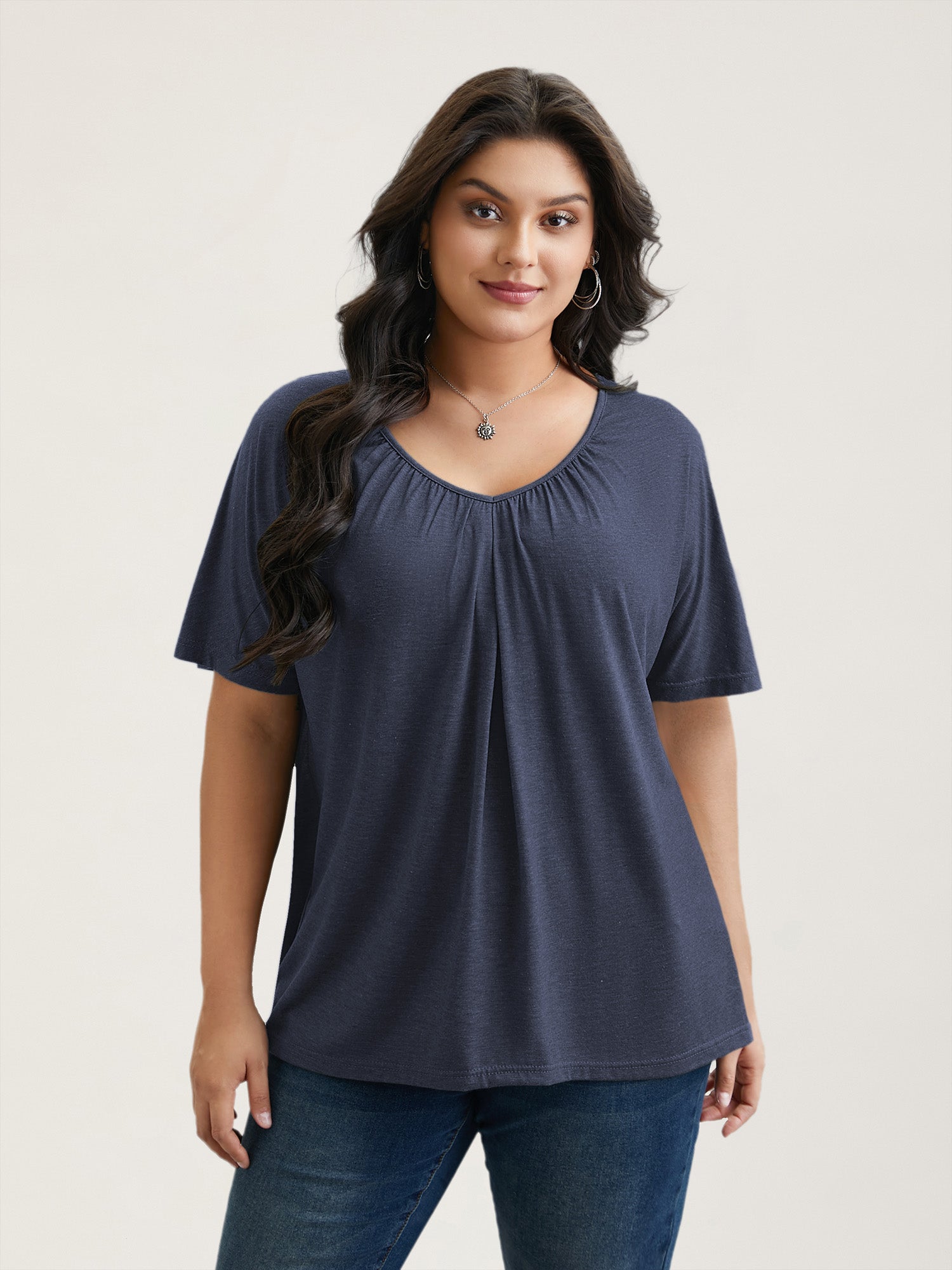 Pleated Plain Half-Sleeve Knit Top