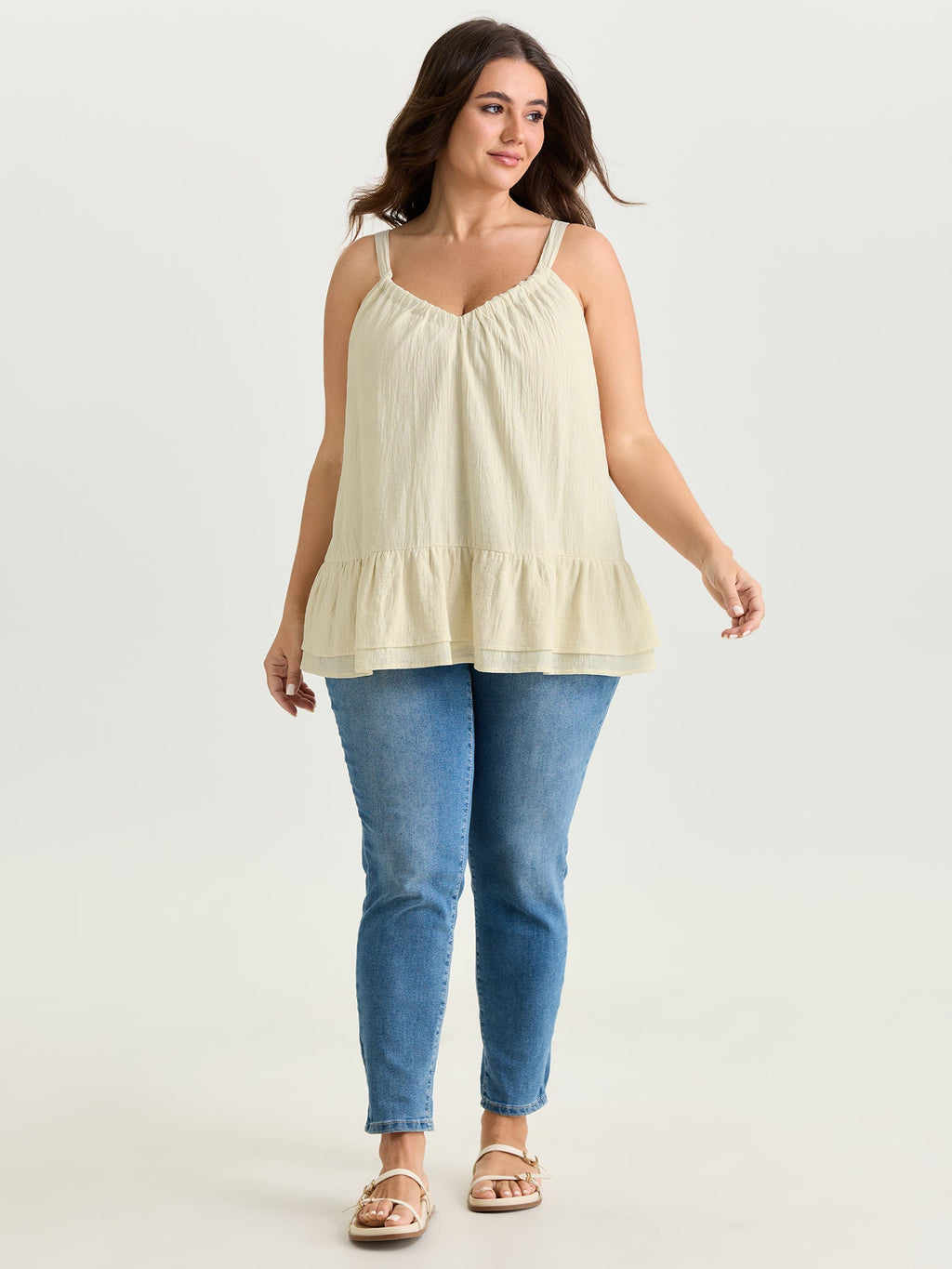 Cotton Linen Ruffled Hem Pleated Neckline Tank Top