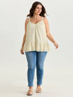 Cotton Linen Ruffled Hem Pleated Neckline Tank Top