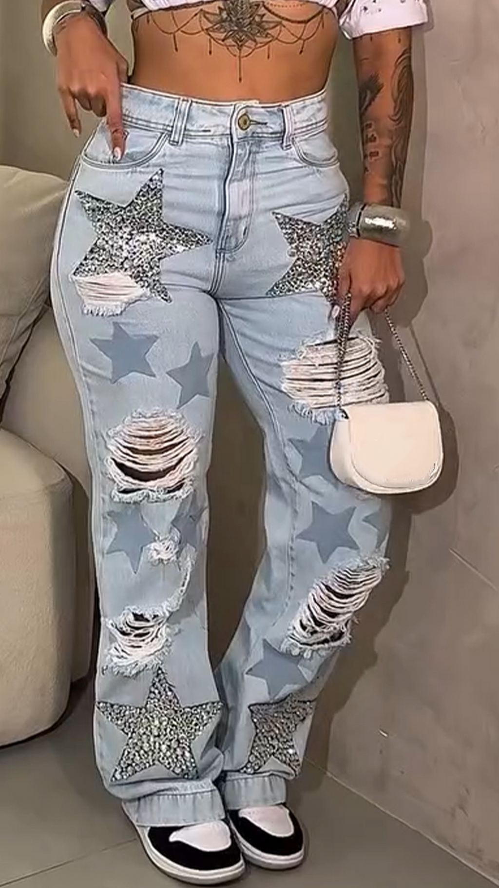 Womens Ripped Hot Diamond Star Print Washing Casual Jeans