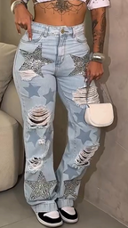 Womens Ripped Hot Diamond Star Print Washing Casual Jeans