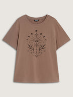 Cotton Star Print Round Neck Curvy Hem T-Shirt