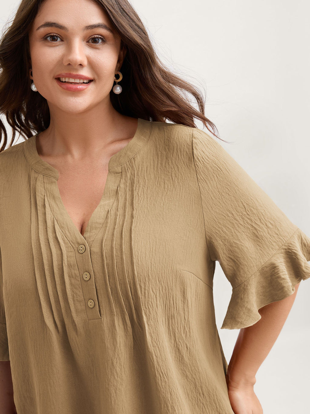 Toothpick Pleats Ruffled Sleeve Solid Blouse