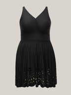 Laser Cut Surplice Neck Waist-Cinched Swim Dress