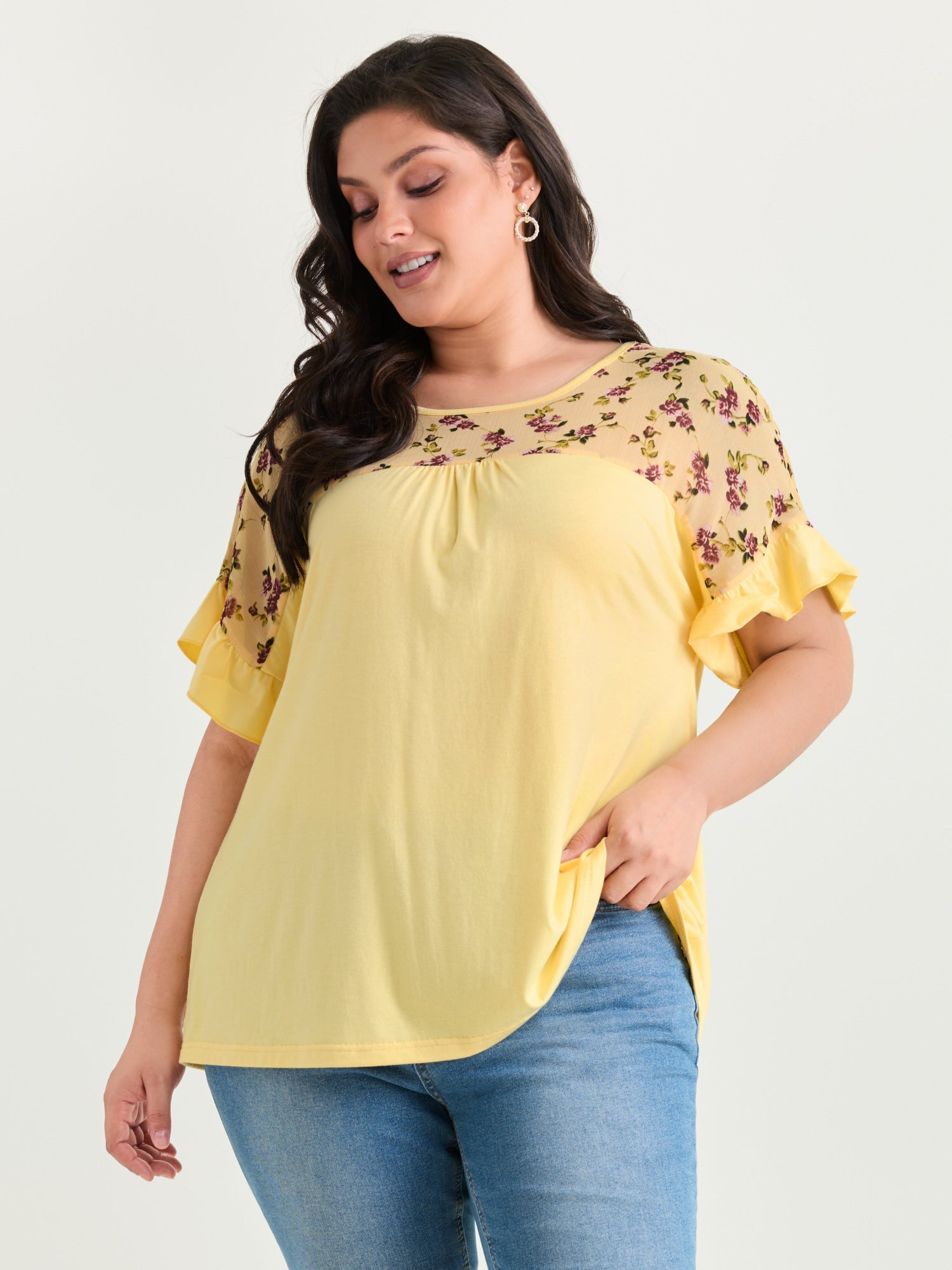 Sheer Floral Print Contrast Knit Top