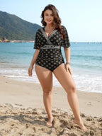 Boho Print Mesh Ruched Crisscross One-Piece Swimsuit